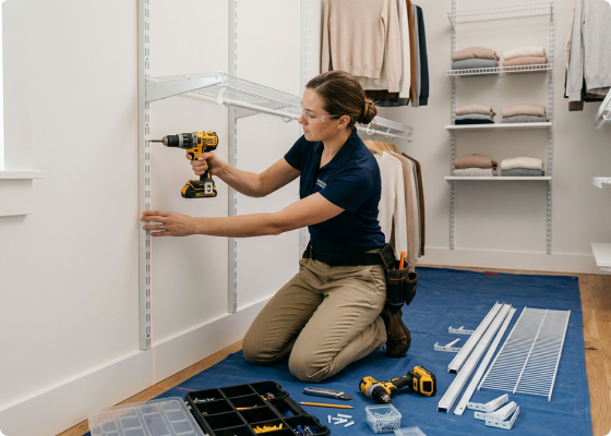 Custom closet installation with professional mounting shelving system using drill and hardware for organized storage design