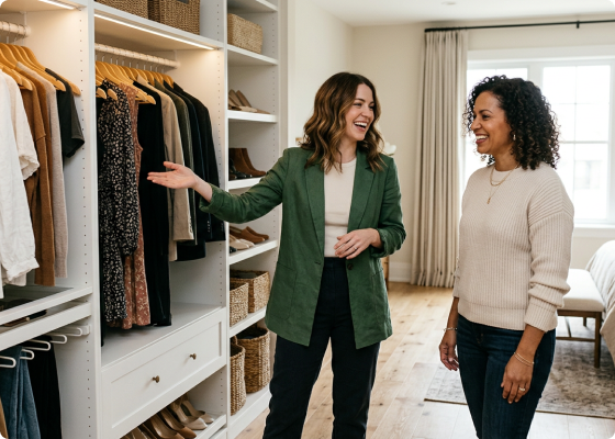 Custom walk-in closet with built-in shelving and hanging storage, featuring two women reviewing organized wardrobe design
