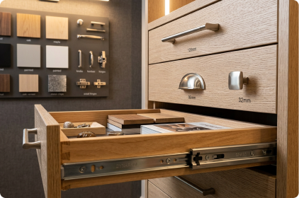 Custom cabinetry drawer with soft-close slides, integrated organizers, and hardware finish samples for high-end storage design