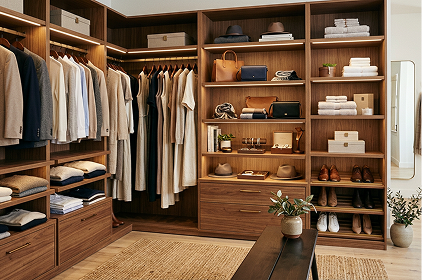 Walk-in closet with wood shelves and organized storage