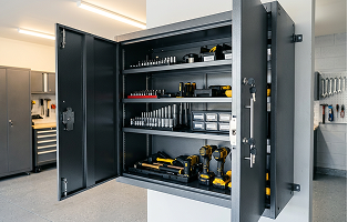 Custom wall cabinets with built-in storage and sleek finishes for space-saving, organized home design