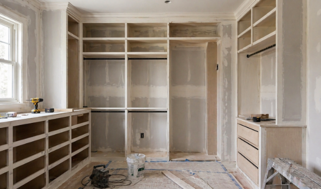 Closet renovation with custom built-in shelving and cabinetry installation for a modern, organized storage system