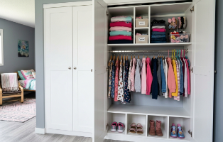Custom kids closet with built-in shelves, hanging rods, and storage bins for organized, kid-friendly bedroom storage