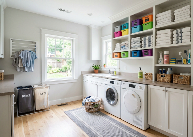 Modern laundry room with custom cabinetry, countertop workspace, and built-in washer and dryer for organized storage