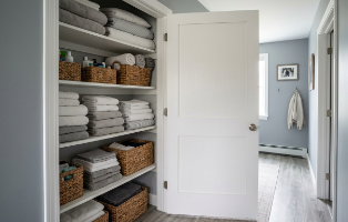 Linen closet with shelves and folded towels