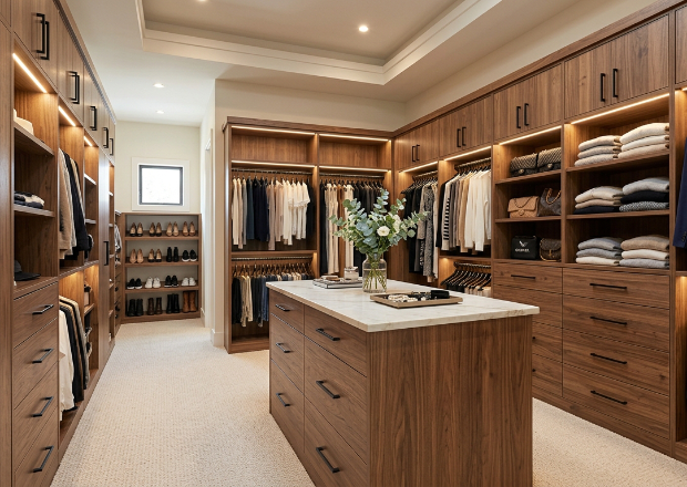 Walk-in closet with shelves, drawers, and hanging storage