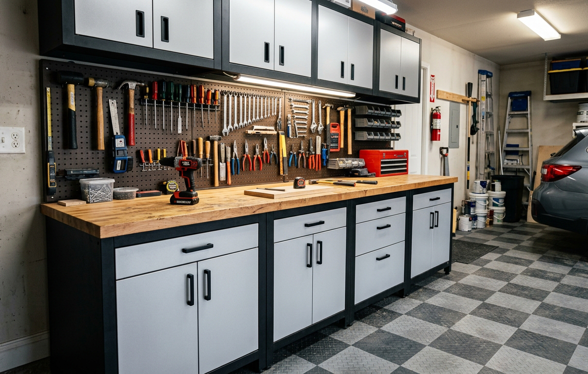 Custom garage workbench with tool storage, shelving, and durable workspace for organized DIY and repair projects