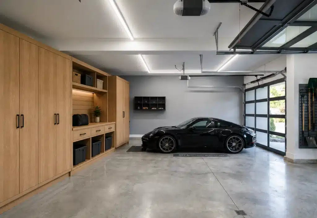 Garage storage wall in light oak with tall cabinets, drawers, open cubbies and storage bins on a polished concrete floor.