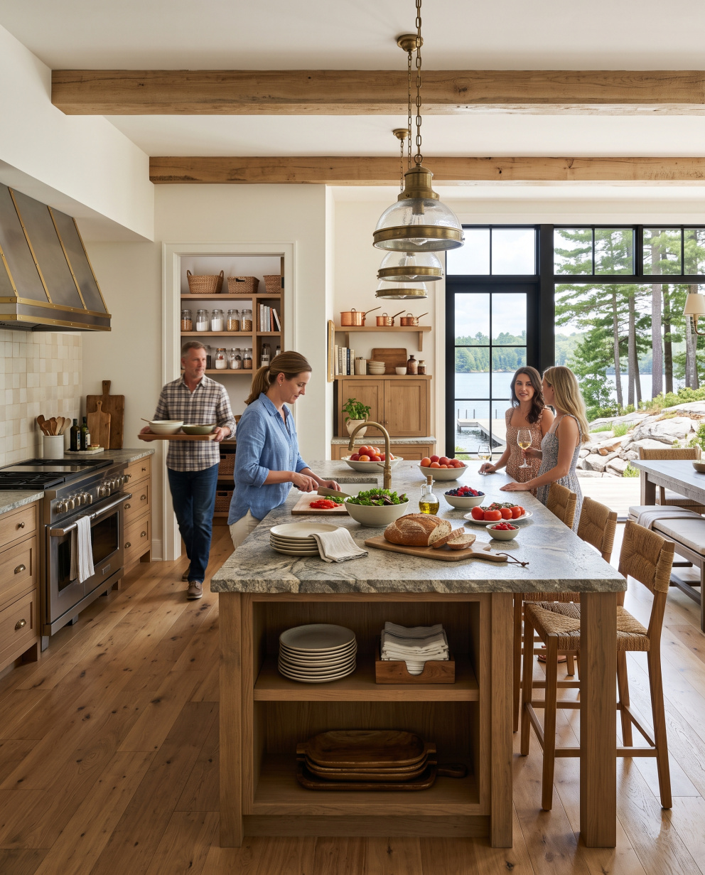 Warm wood kitchen with a large stone-top island, open pantry shelving, pendant lights, lake views, and people preparing food and gathering.