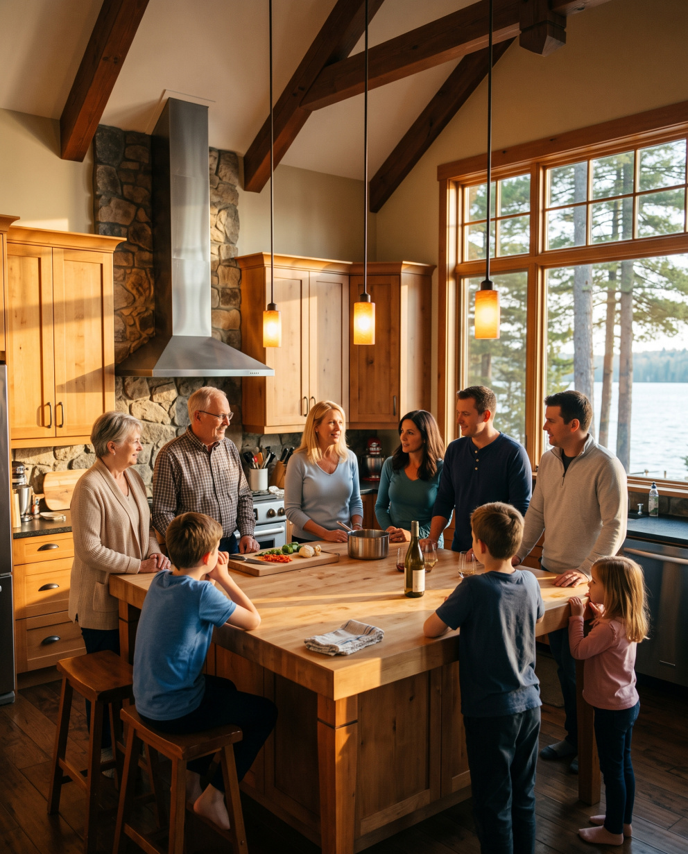 Family gathered around a large wood kitchen island in a warm cottage-style kitchen with wood cabinetry, pendant lights, exposed beams, and lake views.