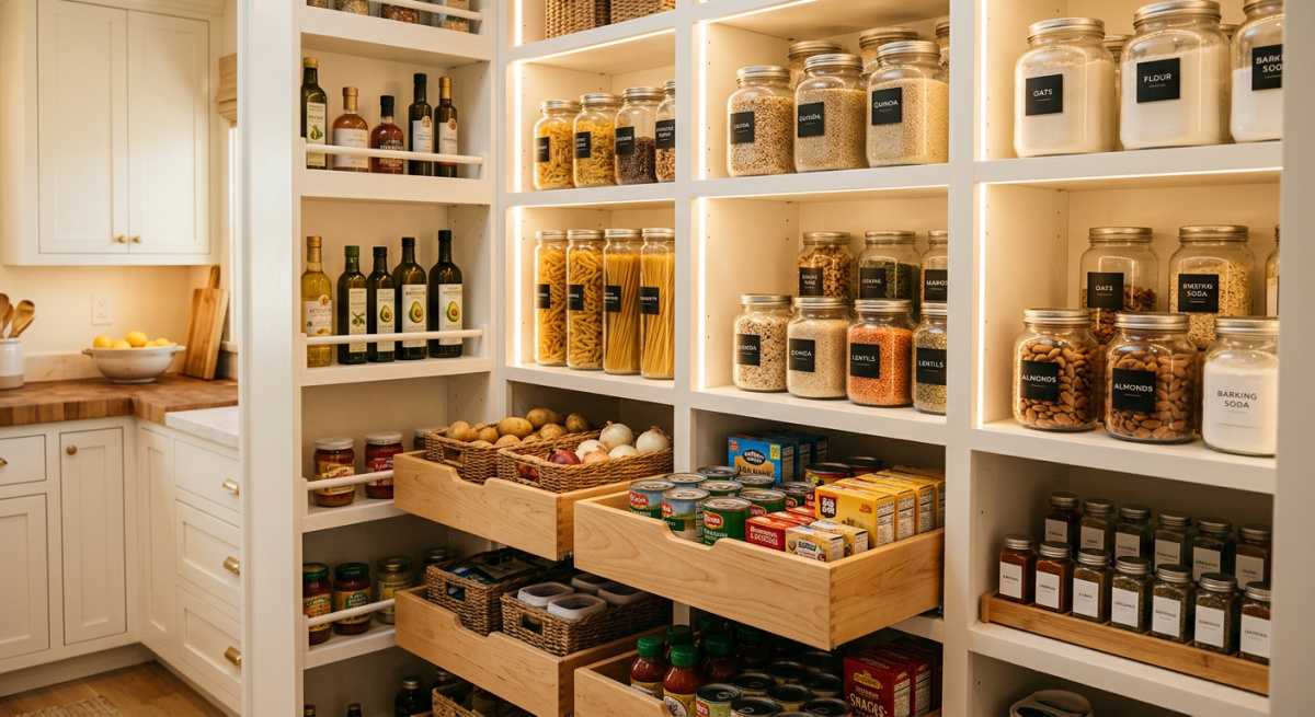 Organized walk-in kitchen pantry with labelled jars, canned goods, spices, baskets, and pull-out wooden drawers.