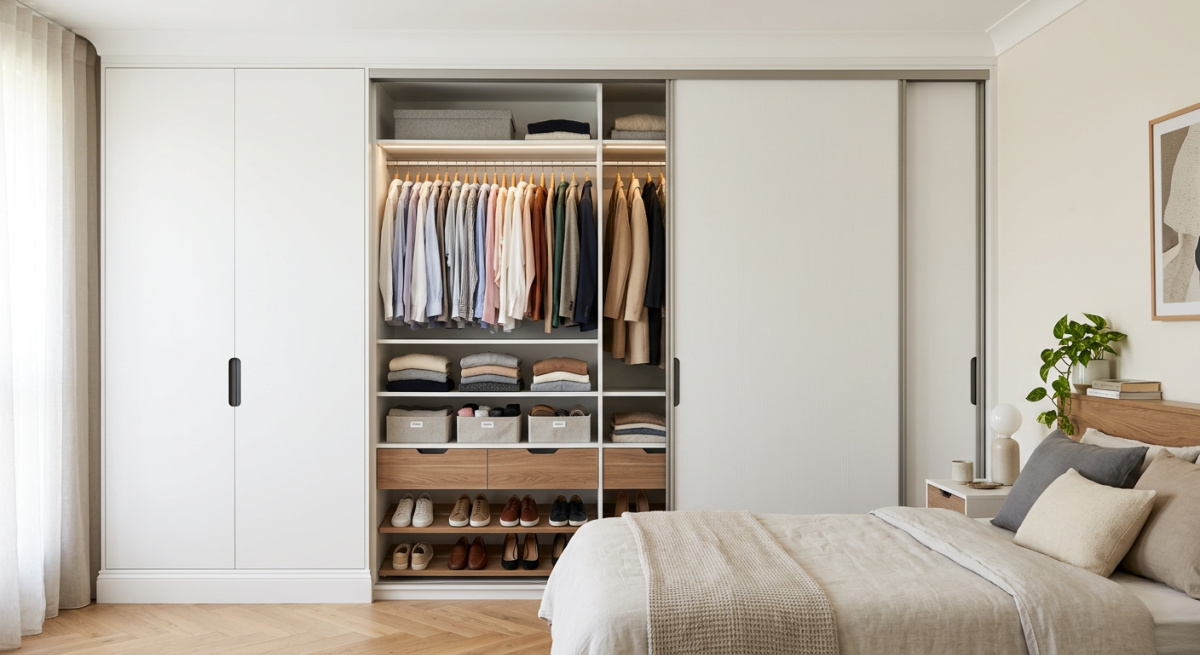 Modern bedroom with a built-in sliding-door closet, organized hanging clothes, folded sweaters, drawers, shoe storage, and neutral bedding.