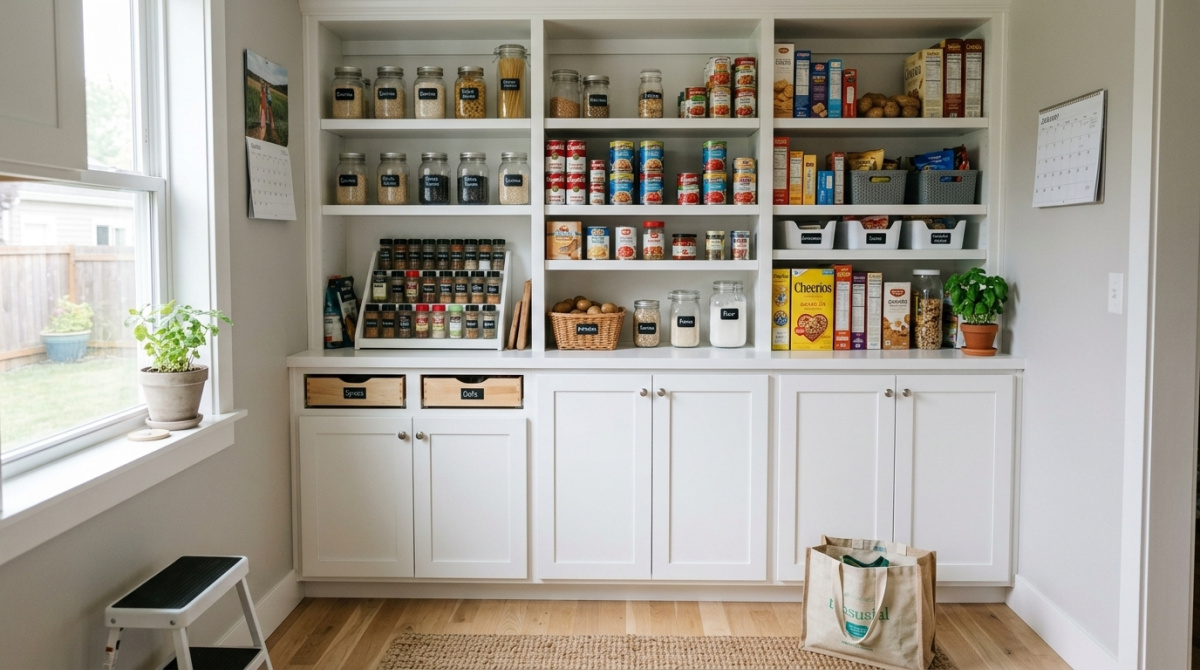 Bright walk-in pantry with open white shelving, labelled jars, canned goods, cereal boxes, baskets, lower cabinets, and organized dry goods.