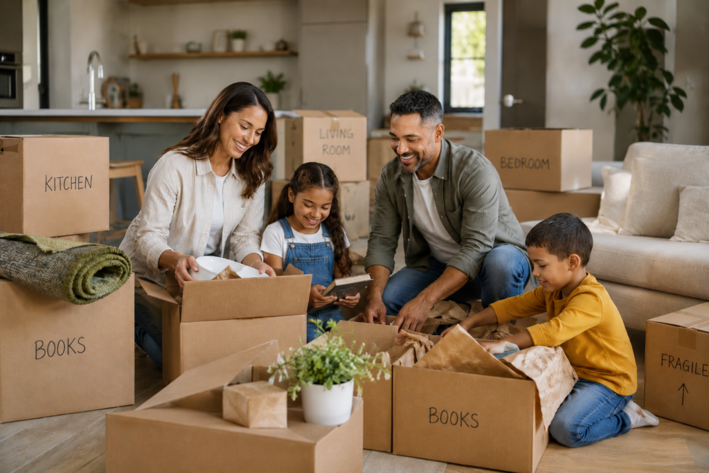 A smiling family of four unpacks moving boxes in a sunlit living room, sorting household items together among boxes labeled Kitchen, Living Room, Bedroom, and Books.