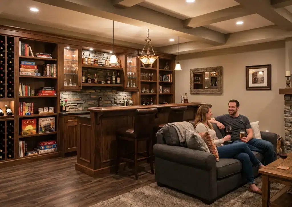 Custom basement built-ins with white cabinetry, open shelving, and organized storage in a finished modern basement space