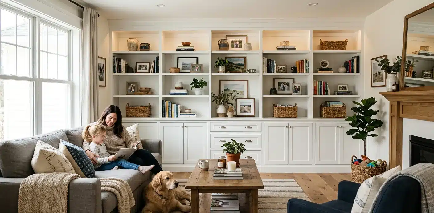 Custom built-in cabinets with integrated shelving and hidden storage for organized, space-saving home design