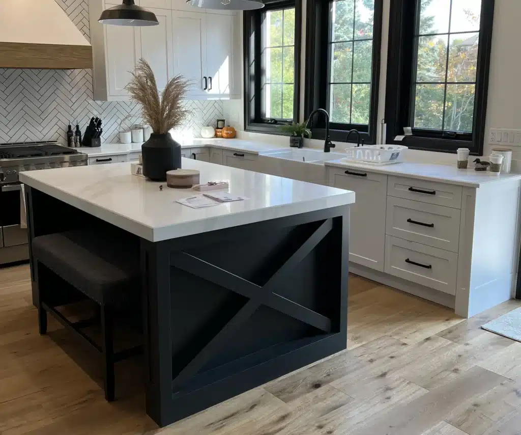 Custom kitchen cabinets in an Ontario home: a navy X-detail island with bench seating, white perimeter cabinetry and a herringbone tile backsplash.