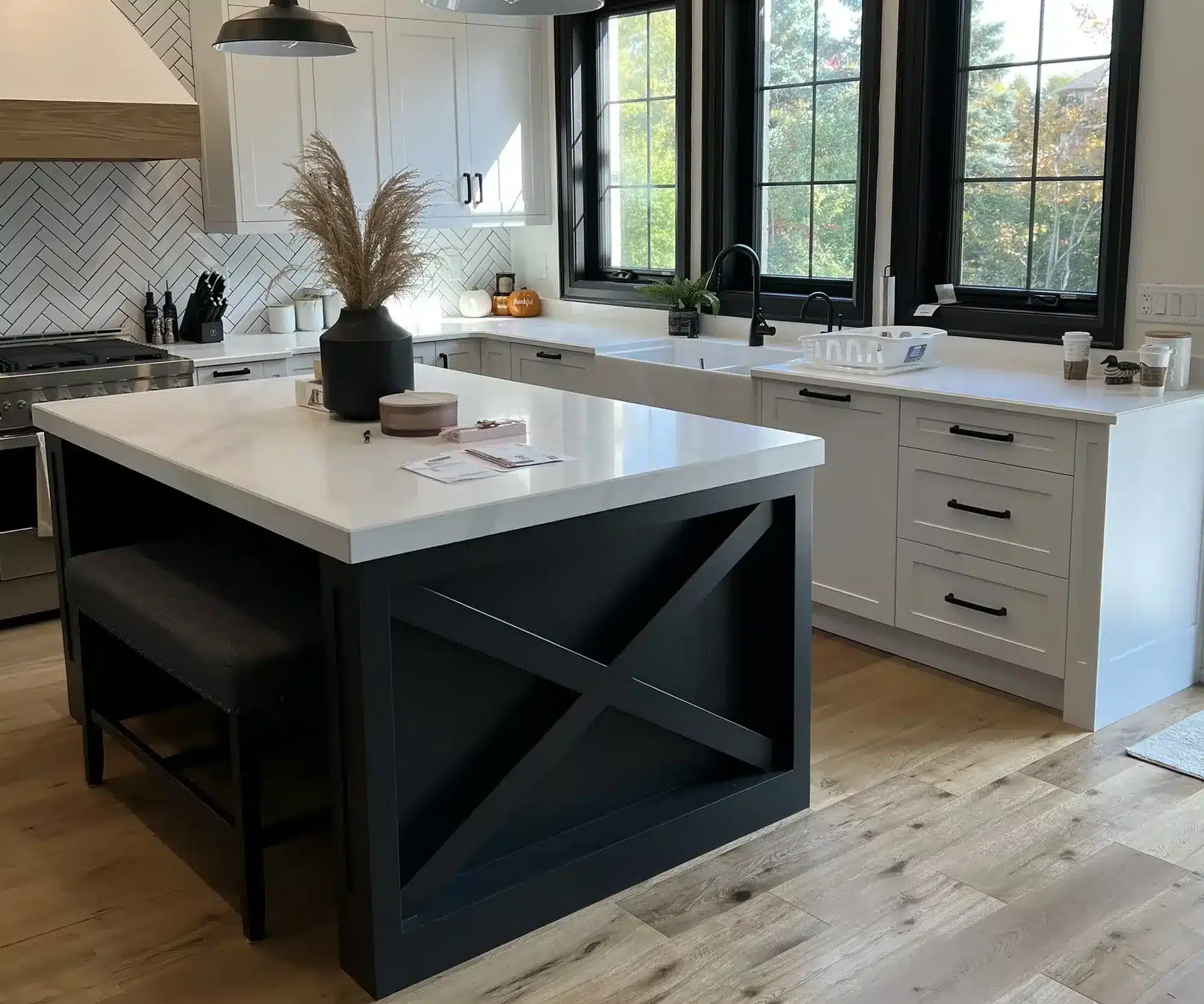 custom kitchen cabinets navy island herringbone backsplash straightened
