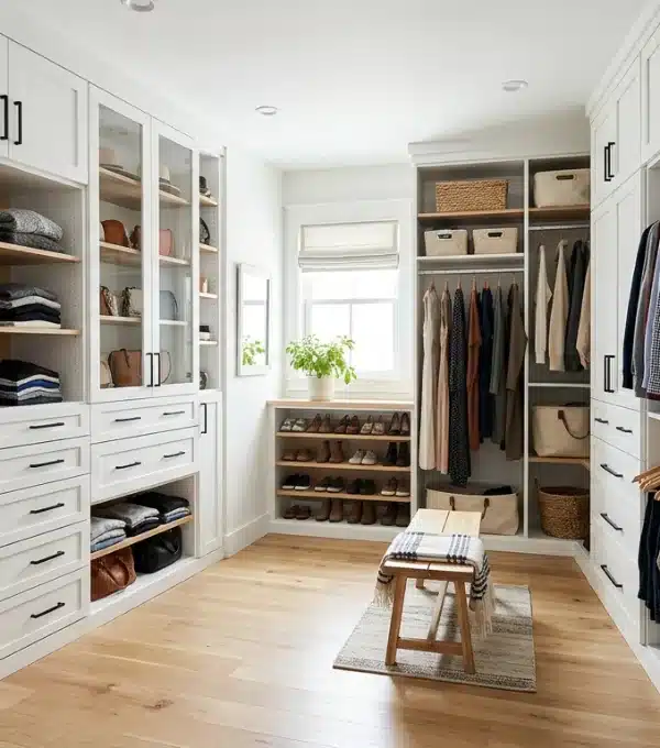 Custom luxury walk-in closet with built-in shelves, drawers, and hanging storage for a modern, organized wardrobe system