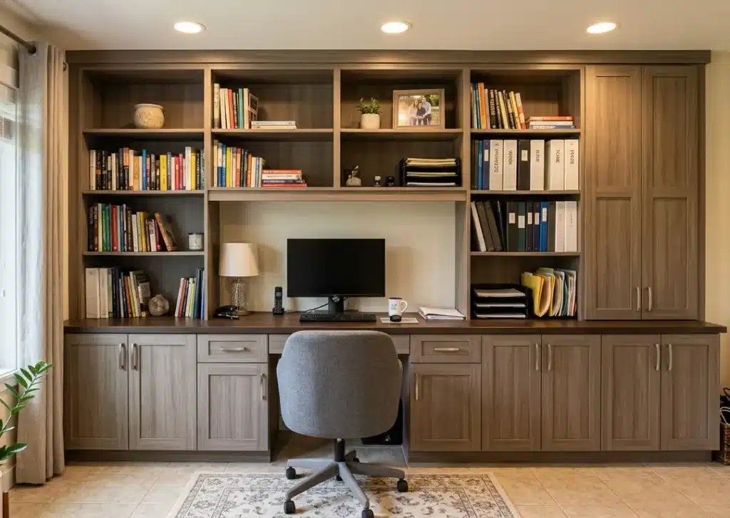 Modern home office with built-in desk, shelving, and organized workspace in a clean, contemporary design