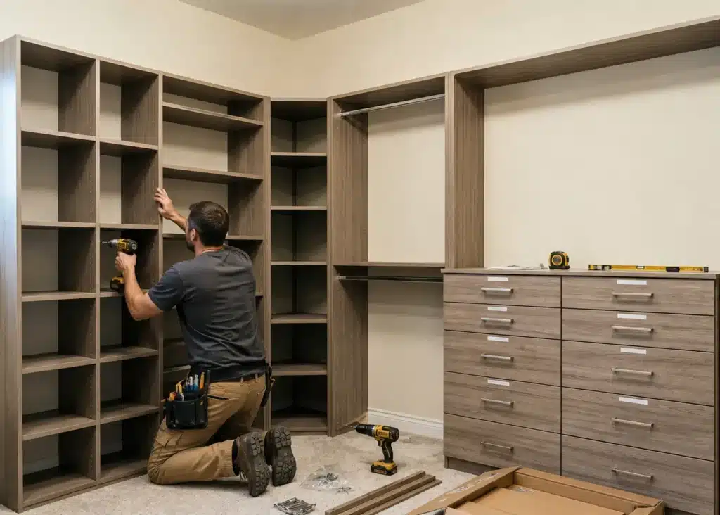 Installer fitting a custom closet system, securing shelving to a corner tower beside a bank of drawers.