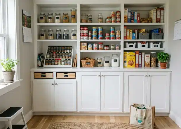 Bright kitchen pantry with open shelving, neatly organized food containers, jars, and storage baskets for a clean, functional space