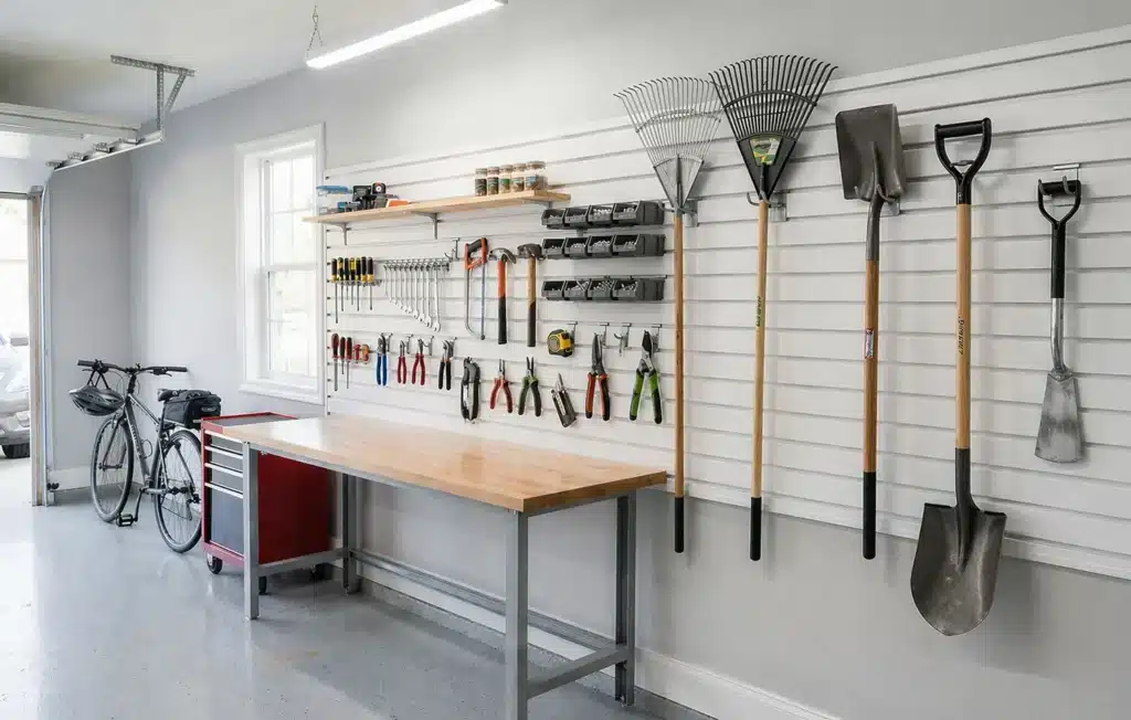 Garage slat wall storage with modular panels, hooks, and shelves for customizable, space-saving organization